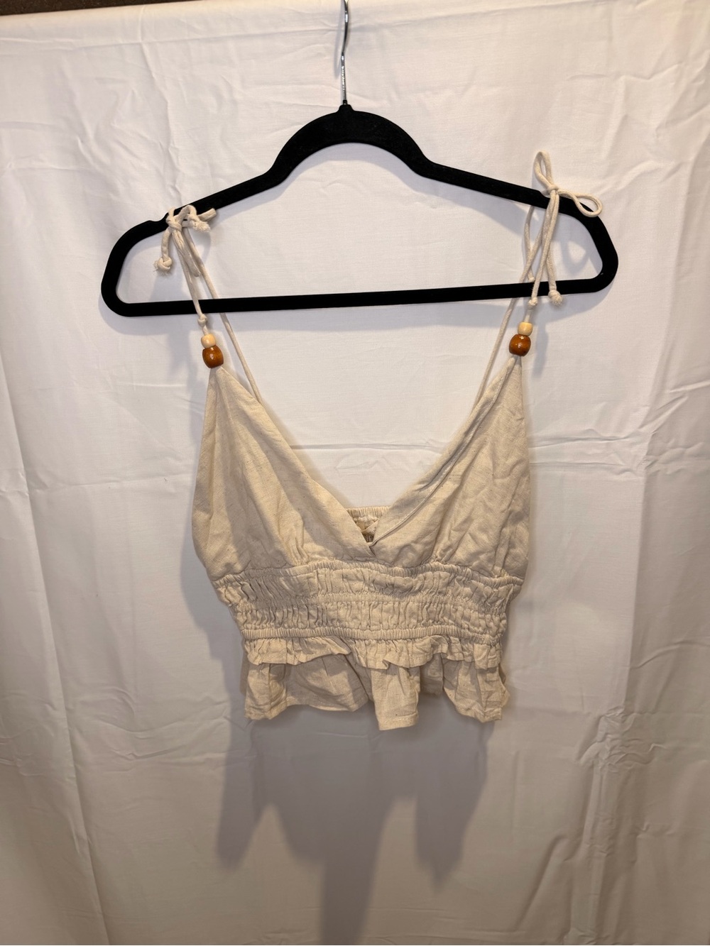 Neutral Tie-Shoulder Smocked Cream Camisole